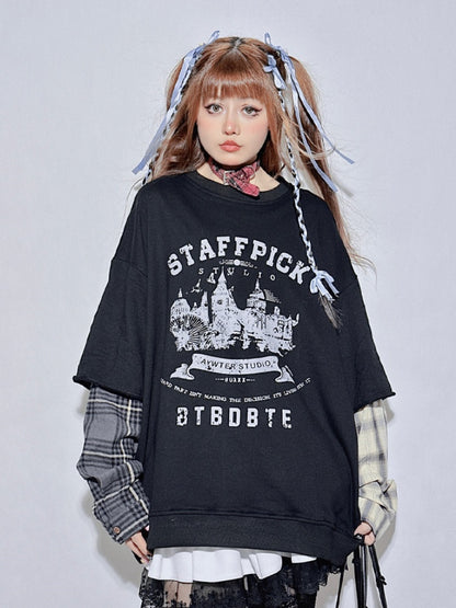 Schwarzes kariertes zweiteiliges Sweatshirt mit Rundhalsausschnitt und Buchstaben