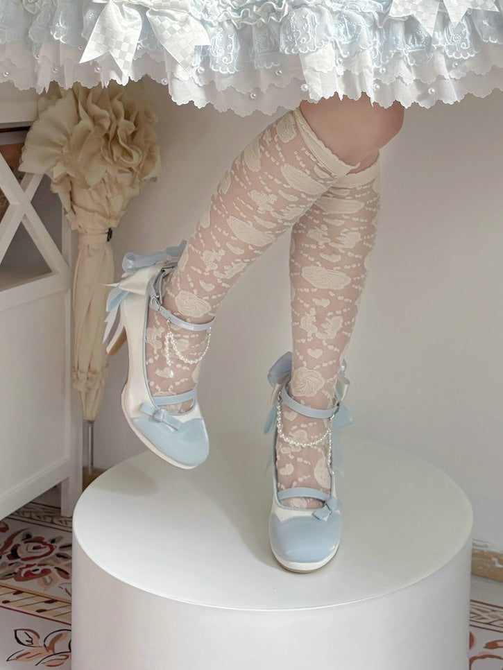 Classic Bow Elegant Embellishment Blue with White Detachable Lace Back Charm High-heel Chain Beaded Shoes