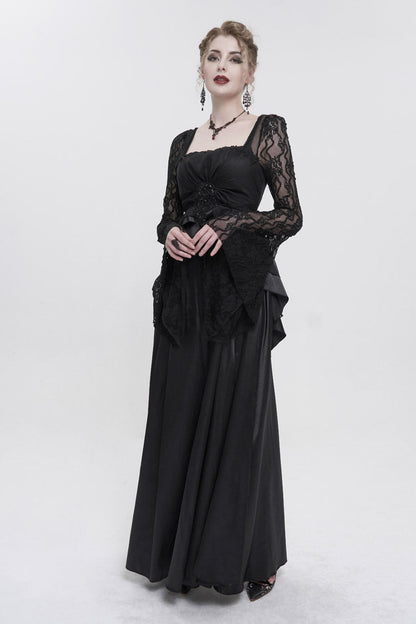 Black Lace Pointed Long Sleeves Back Zipper Satin Floor-Length Gothic Gown