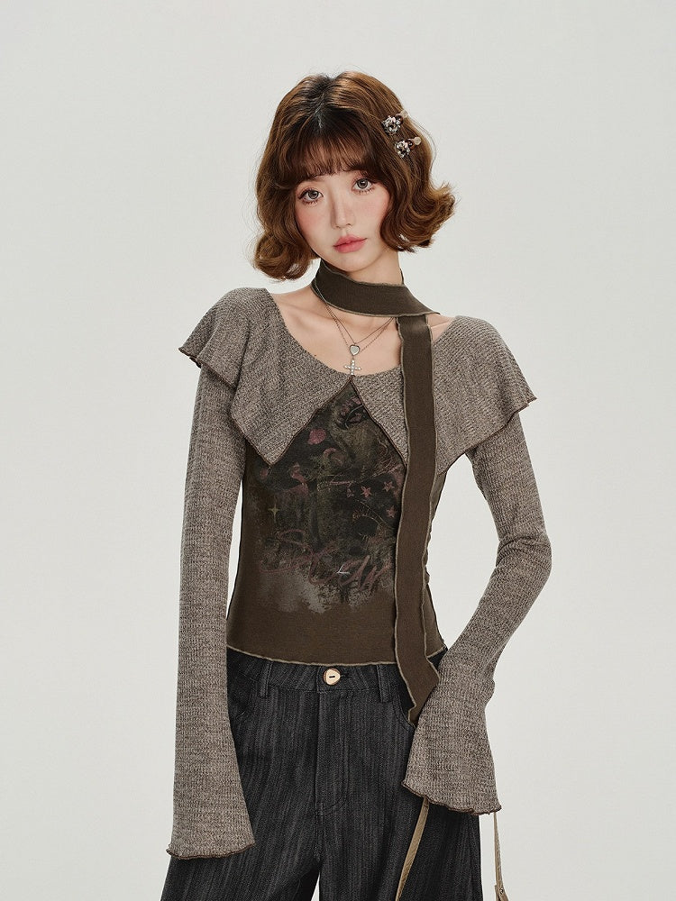 Vintage Long Sleeve Top with Ruffled Capelet Collar and Floral Print - Girlyhalo