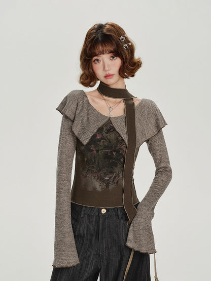 Vintage Long Sleeve Top with Ruffled Capelet Collar and Floral Print - Girlyhalo