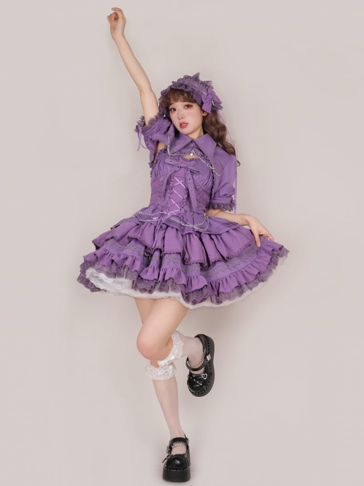 パープルパンクゴスショートジャンパースカート 調節可能なクロスストラップウエスト