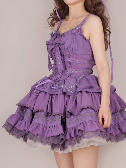 パープルパンクゴスショートジャンパースカート 調節可能なクロスストラップウエスト