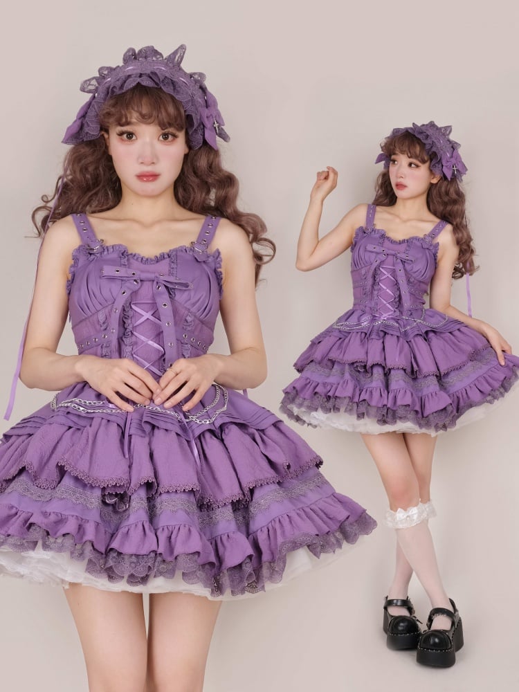 パープルパンクゴスショートジャンパースカート 調節可能なクロスストラップウエスト