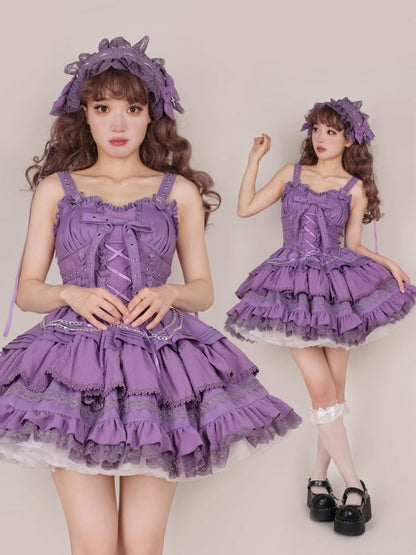 パープルパンクゴスショートジャンパースカート 調節可能なクロスストラップウエスト