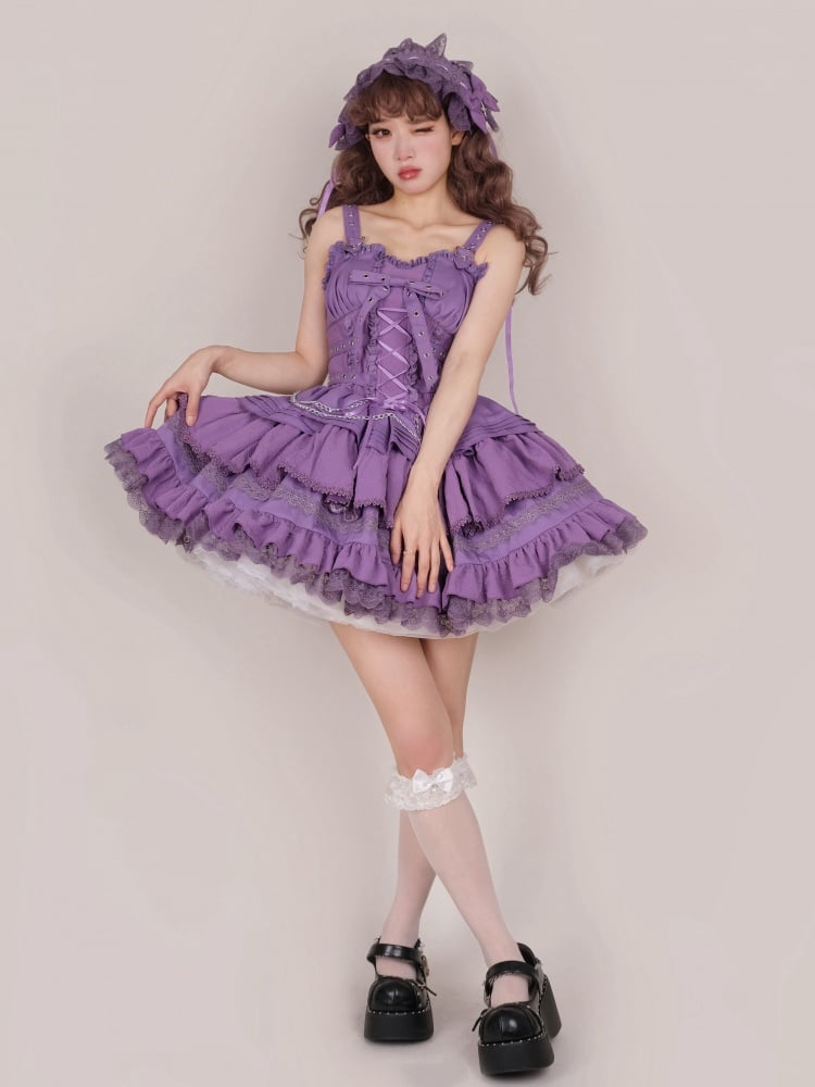 パープルパンクゴスショートジャンパースカート 調節可能なクロスストラップウエスト