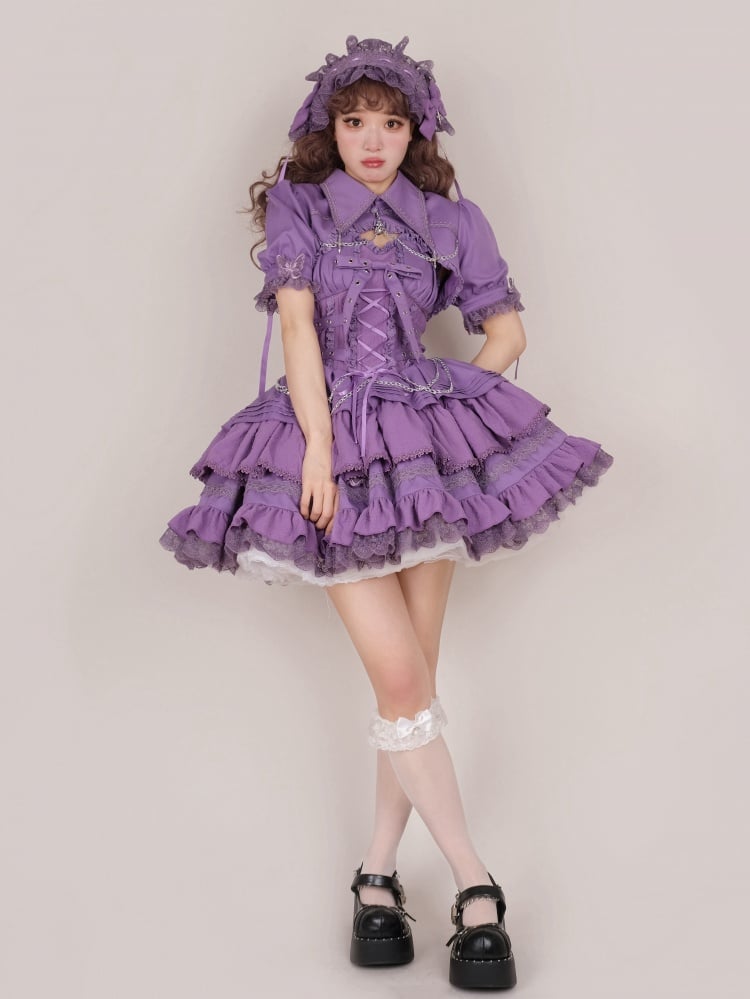 パープルパンクゴスショートジャンパースカート 調節可能なクロスストラップウエスト