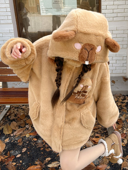 Niedlicher Capybara-verzierter brauner Plüsch-Kapuzenpullover