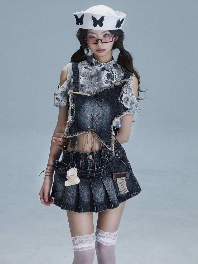 Blue Front Dusty Pleated Overall Shape Skirt with Punk Convertible Star Denim Distressed Dress