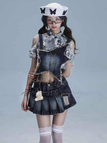 Blue Front Dusty Pleated Overall Shape Skirt with Punk Convertible Star Denim Distressed Dress