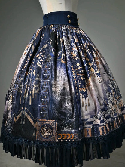 Dark Blue Corset Belt Waist Chess Print Lolita Skirt