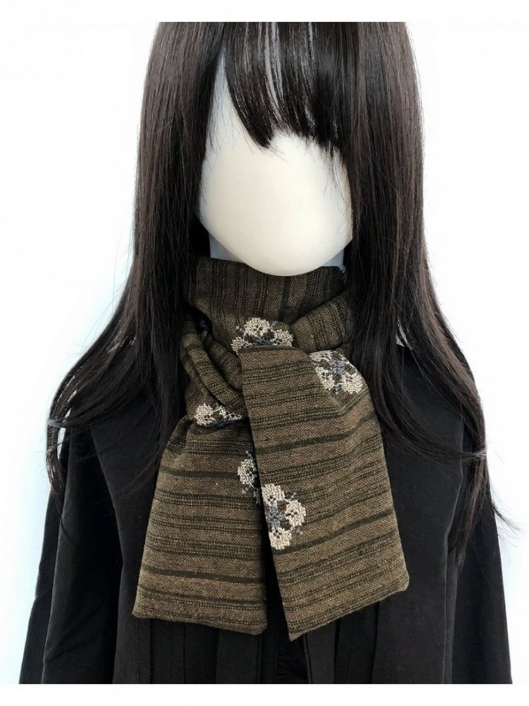 Olive Green Floral Embroidered Striped Scarf - freetrader