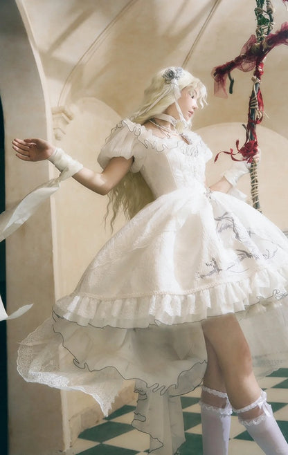 White Shiro Dragon Bone Embroidery High-low Skirt Dress Gothic Lolita OP with Cathedral Embroidery Overlay