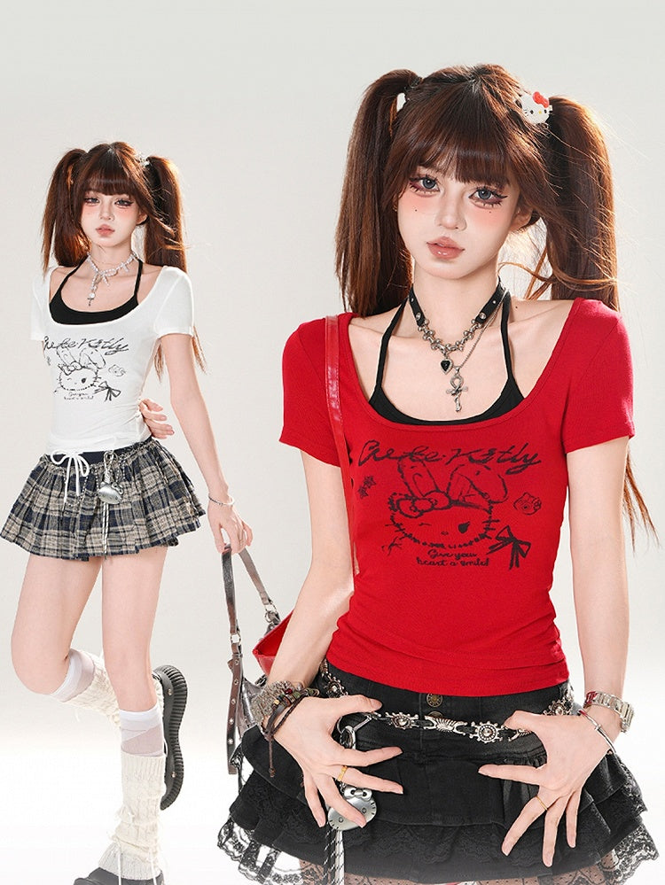 トップTシャツホルタープリントセットバニーレッド/ホワイトネックブラック