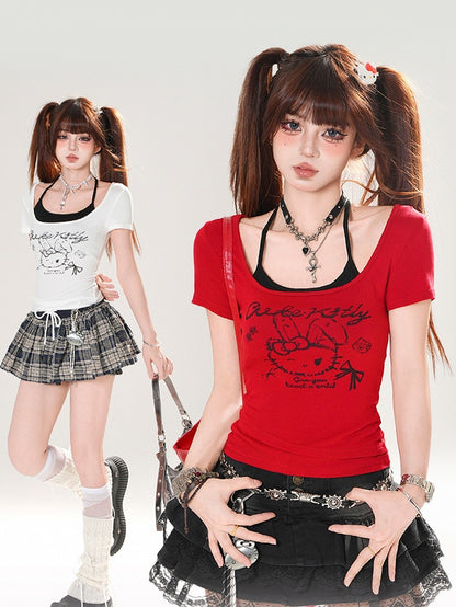 トップTシャツホルタープリントセットバニーレッド/ホワイトネックブラック