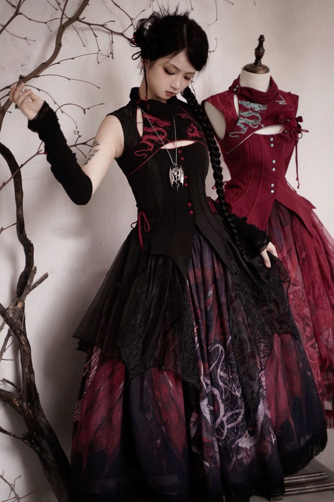 Black Gothic Dragon Embroidery Sleeveless Top Cutout Detail