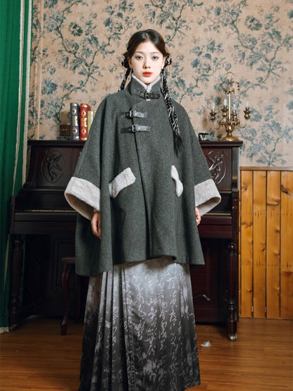 PU Coat + Cuffs with Gothic Collar Faux Cheongsam Fur Buckles Cape Gray
