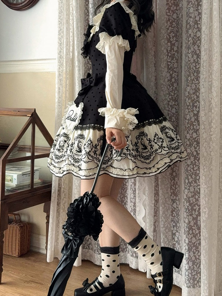 Dress Appliques Rabbit Lace-Trimmed Pattern Sweetheart Black Lolita Polka Sweet with Dot