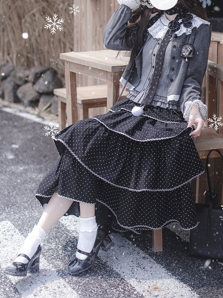 Front Button Sleeves Ruffle Polka Top: Collar Gray Dot with Juliette Kitten Aesthetic