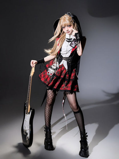 Punk Bunny Ear Hooded Coat with Diamond Tailcoat and Plaid Skirt in Black and Red - Xiong Dou Jiang