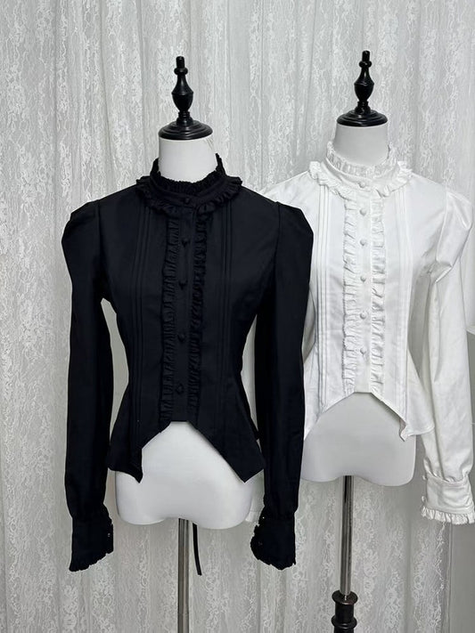 with Lacing Ruffle Long Lolita Black Back Blouse Neckline Sleeves