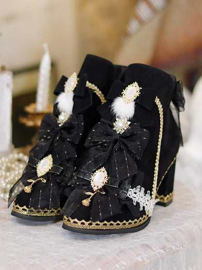 Black Lolita Boots with Round Crystal Accent - One Night Language