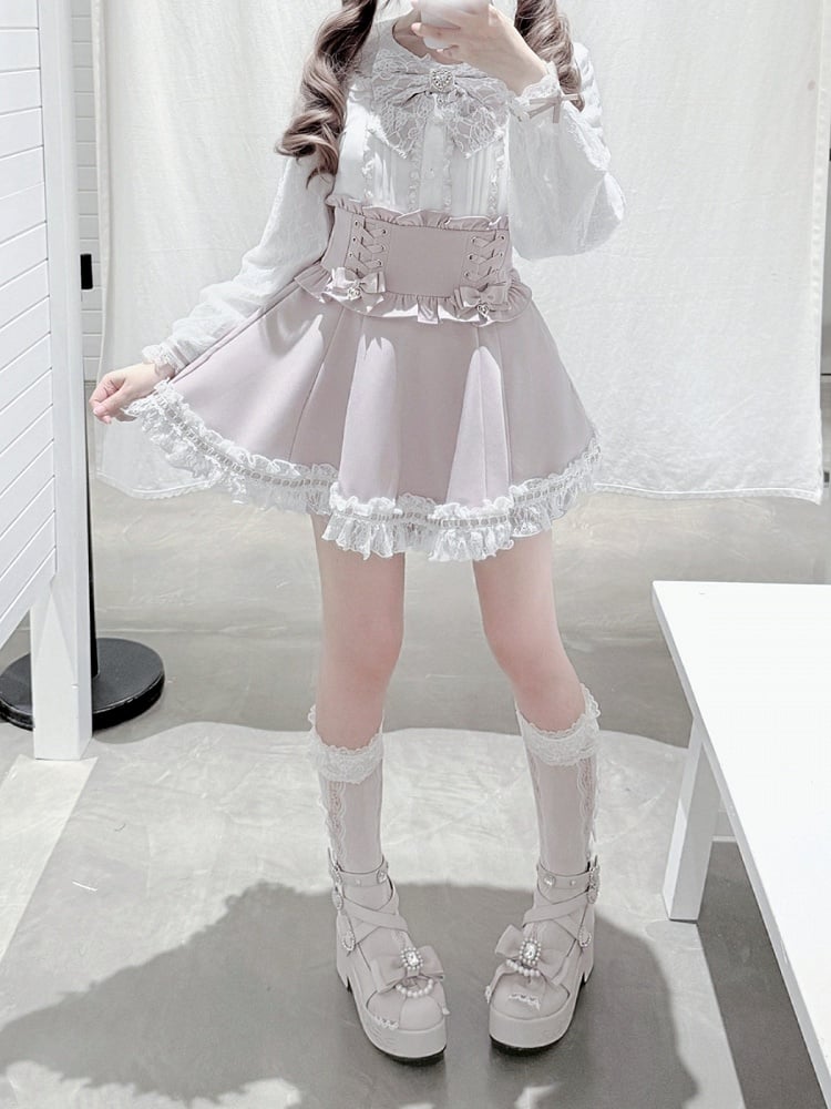 Pink and White Landmine Lace Peter Pan Collar Long Sleeve Blouse with Bow Tie - shirohato