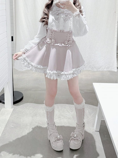 Pink and White Landmine Lace Peter Pan Collar Long Sleeve Blouse with Bow Tie - shirohato