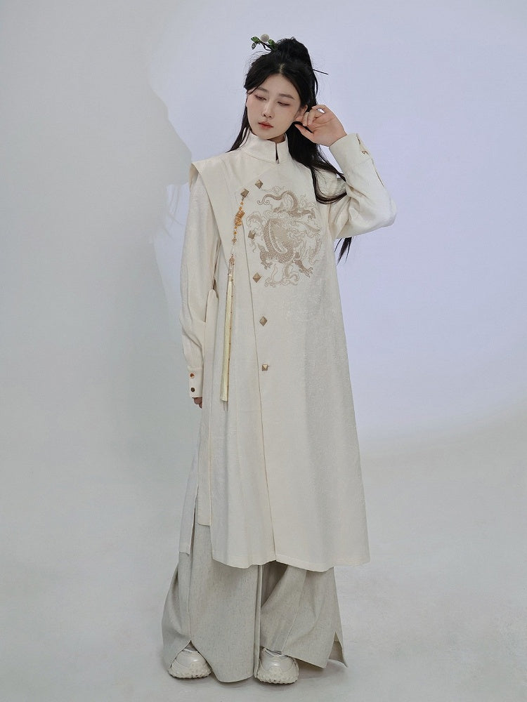 Beige Trench Coat with Dragon Embroidery, Mandarin Collar & Removable Tassel Accent - Feng Hua Gui Guo Ling