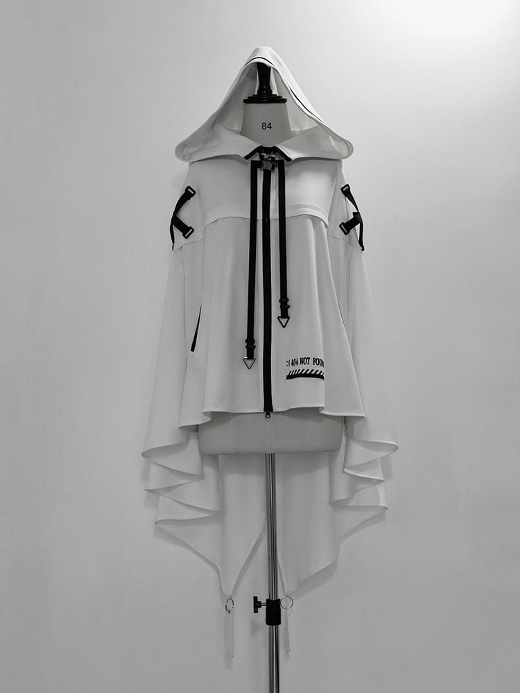 Cape Ouji and Cyberpunk High-low with White Lolita Hem Futuristic Buckle Straps Hooded