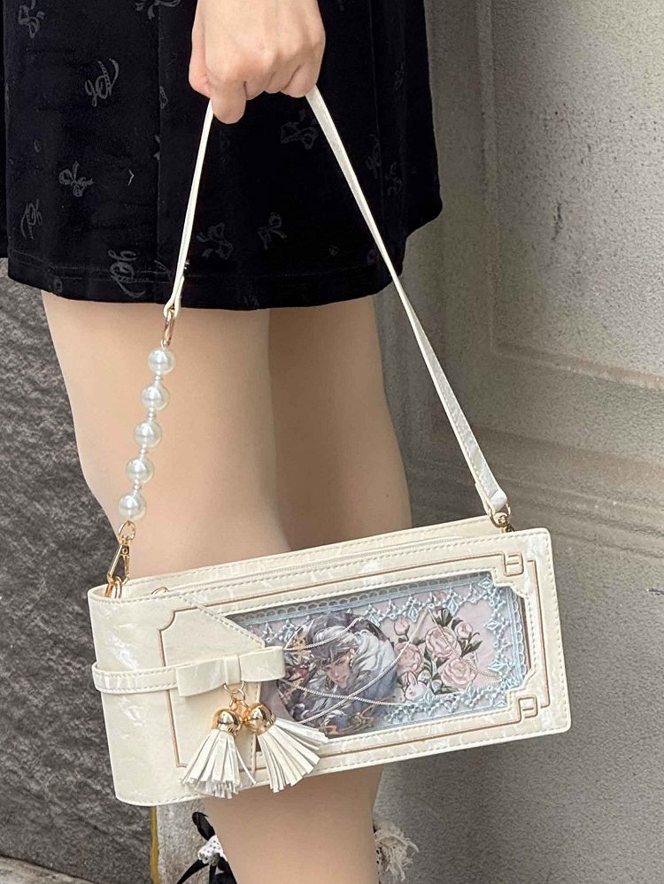 Muster Blumenstil Tasche Schleife Ita Cheongsam mit Akzent PU Fransen Weiß