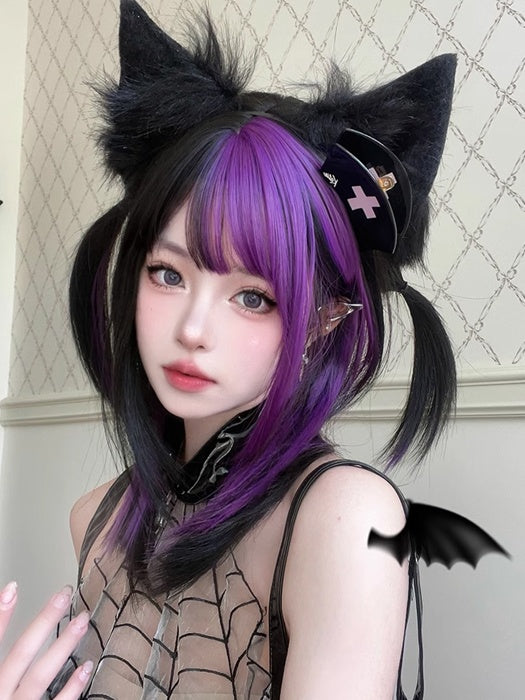 Black And Purple Highlights 47CM Above Bust Length Straight Wig With Bangs