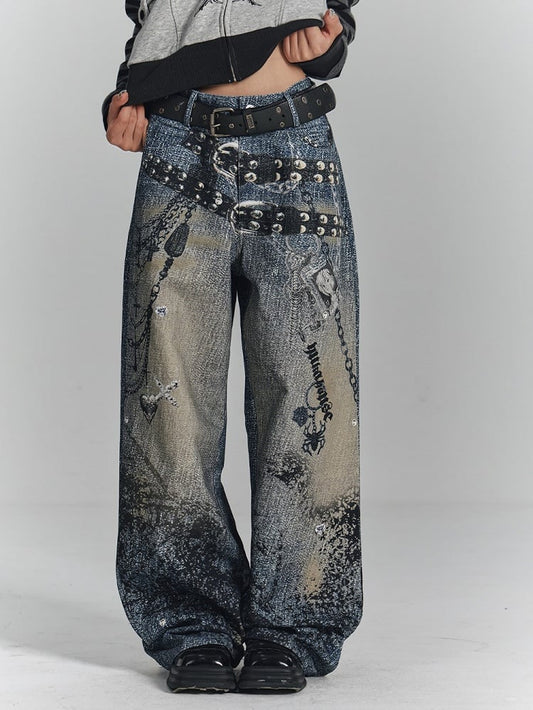 Wide-Leg Cuff Blue Belt Black + Charm Y2K Print Punk Cross Splatter with Jeans