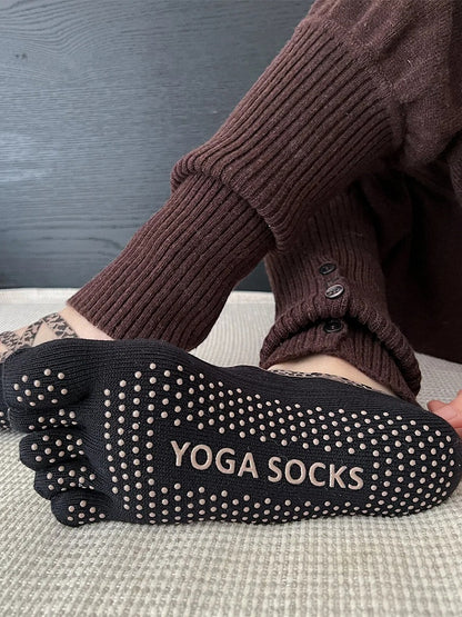 Print Socks Criss-Cross Yoga Black Coffee Leopard / Five-Toe