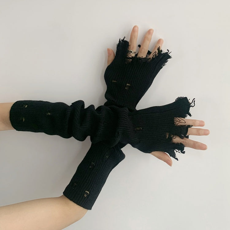 Distressed Holes Fingerless Knitted Long Gloves