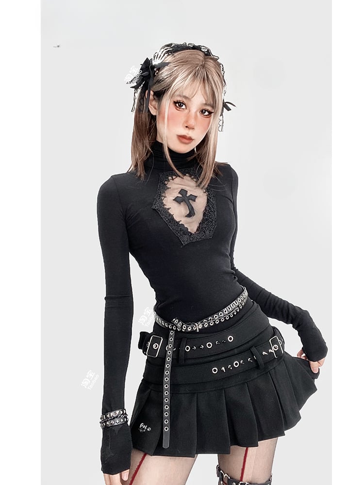 Top Schwarz Glamourös Gothic Hals Detail Cutout Kreuz Hoch Y2K