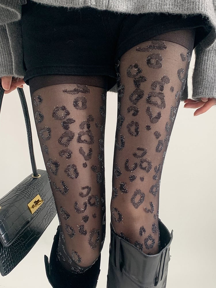 Pantyhose Leopard Retro Print Sheer Glitter