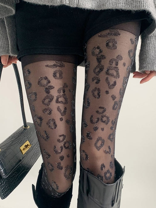 Pantyhose Leopard Retro Print Sheer Glitter