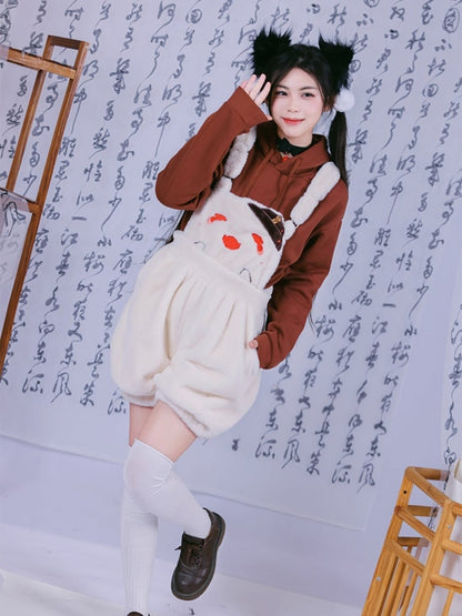 フータオ風ハロウィンベージュプラッシュオーバーオールショーツ