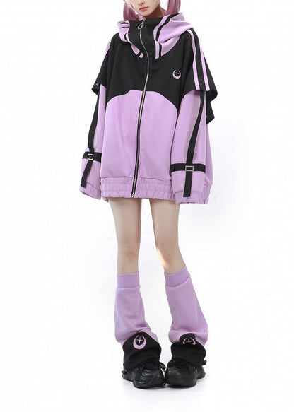 Jirai Black Front and Jacket Zip Purple Up Sleeves Kei Sweatershirt Long