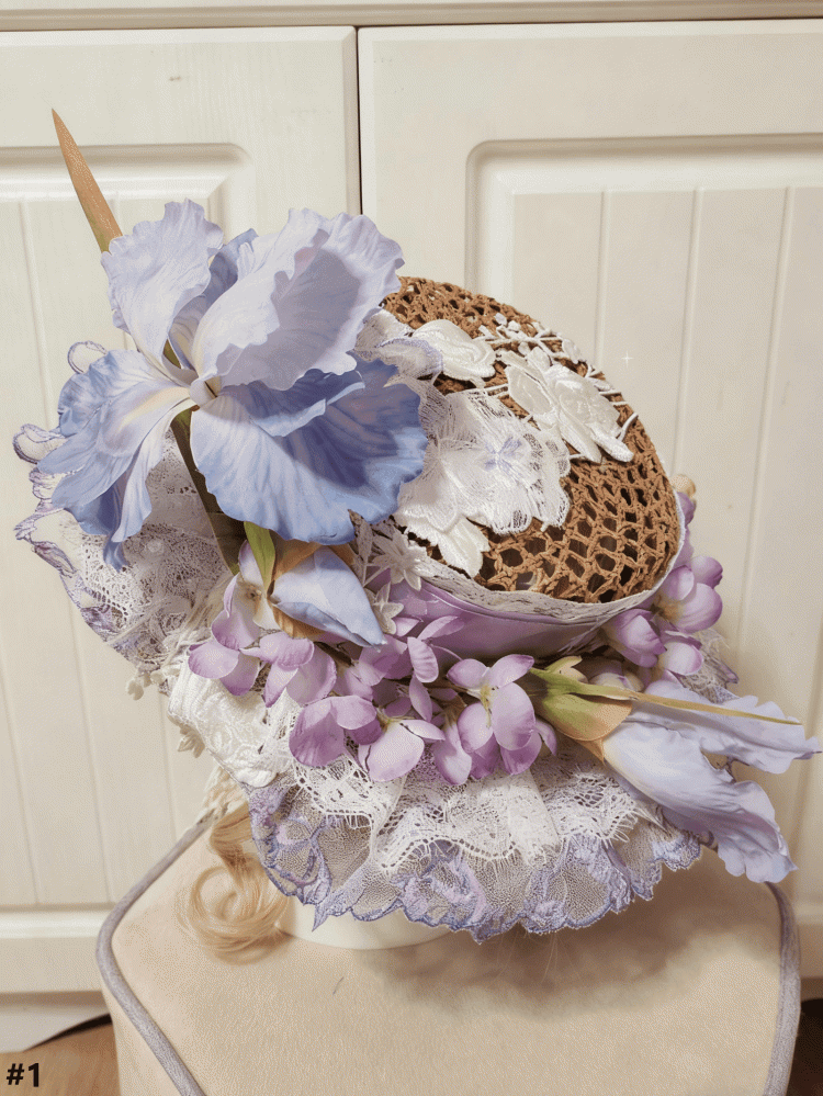 2 Lace Cluster Options Detail White-Purple Hat Straw Lolita Floral