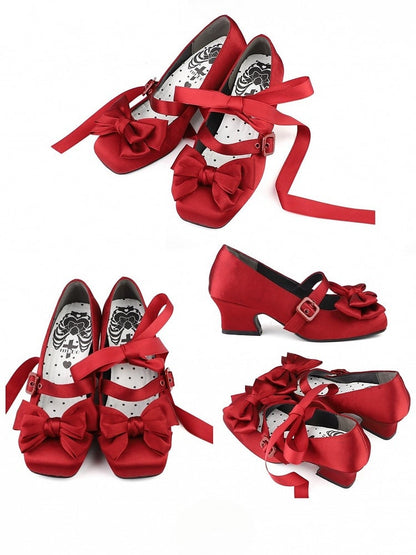 Bow Red Toe Wine Ankle Middle Heels Lace-up Lolita at Top - Elegant Square