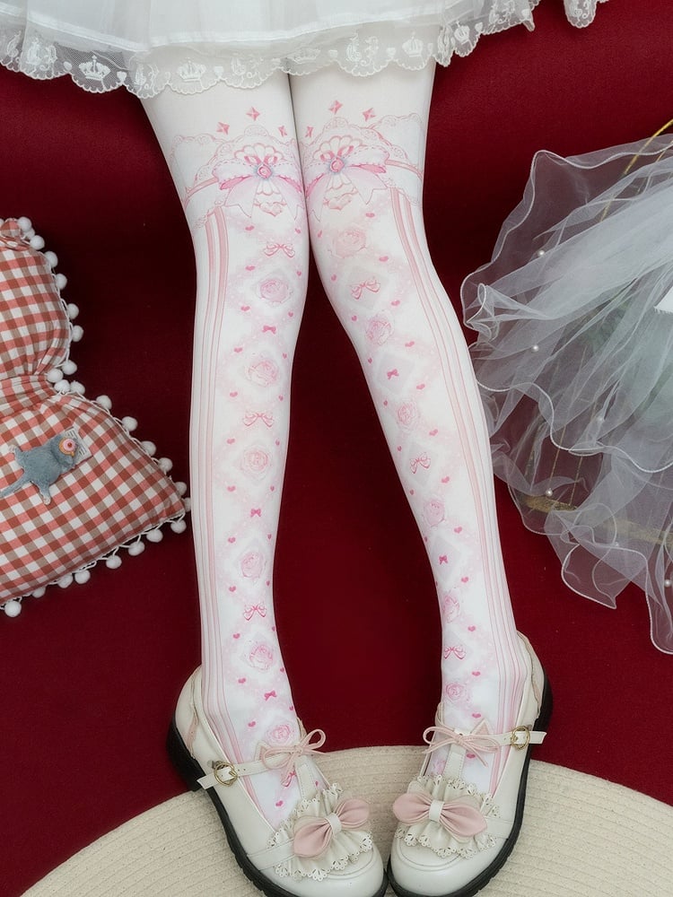 プリントタイツ 花柄＆レッド/ピンク/ブルー/ブラック/イエロー 蝶結び