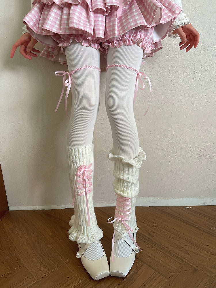 Vertical White with Strip Pattern Lace Bowknot Trim and Apricot/Pink/Blue Striped Tights