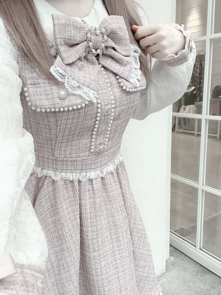 Pink Beadwork Detailed Tweed Dusty Jirai - Kei Dress