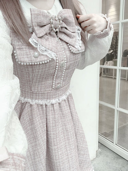 Pink Beadwork Detailed Tweed Dusty Jirai - Kei Dress