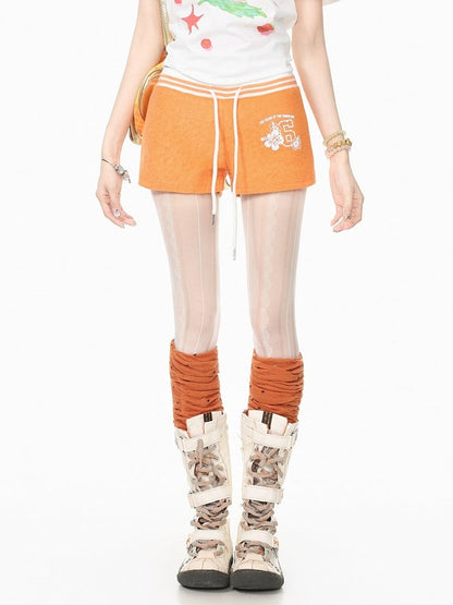 Casual Kawaii Orange Letter Print Drawstring Shorts - Languid Park
