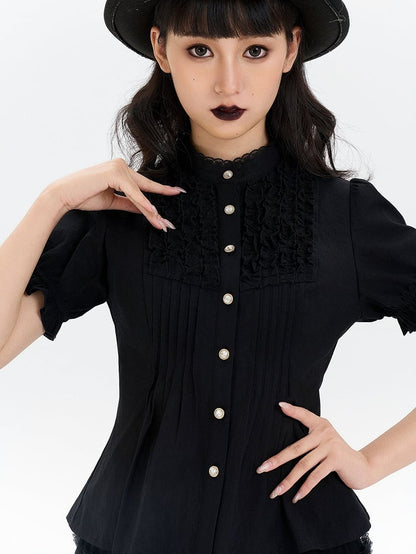 and Ruffle Sleeves Short Pleating Lolita with Front Blouse Black