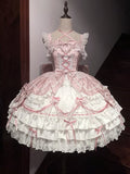 Bows Tiered Decorated Sweet Skirt and Chain Bead Pink White