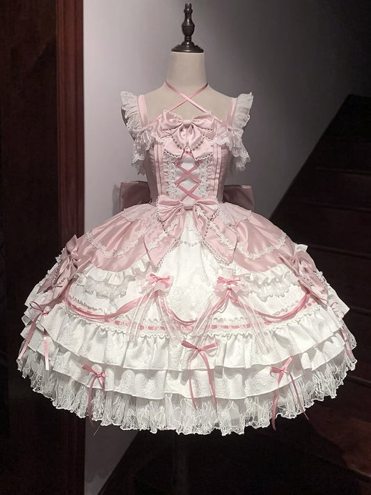 Bows Tiered Decorated Sweet Skirt and Chain Bead Pink White